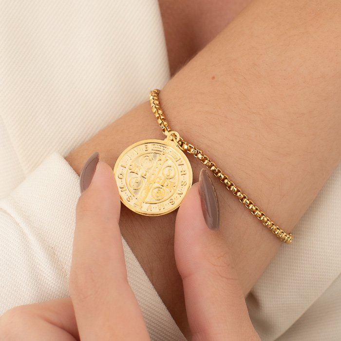 PULSEIRA FEMININA VENEZIANA GROSSA COM MEDALHA DE SÃO BENTO