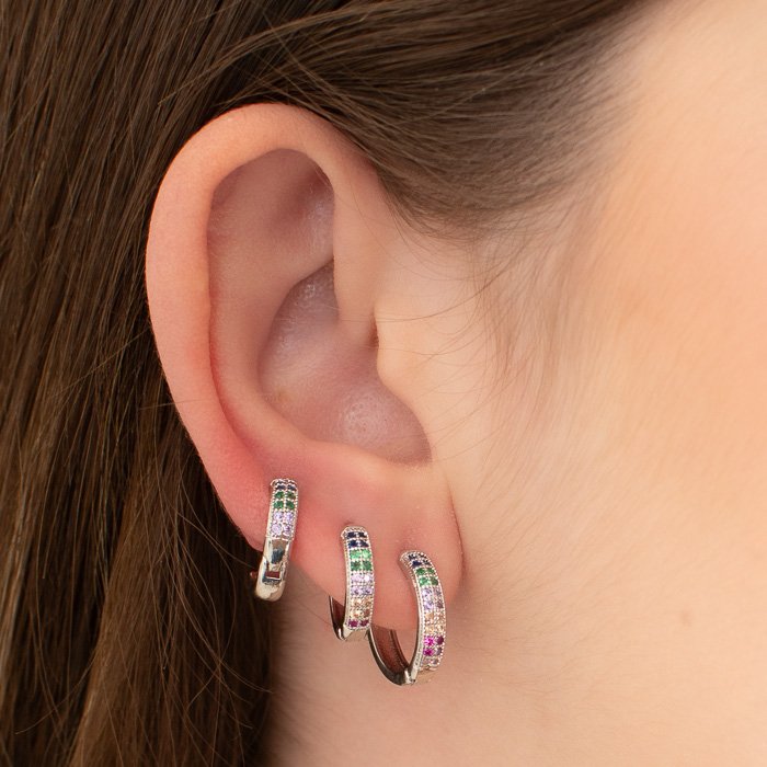 TRIO DE BRINCOS ARGOLA CRAVEJADA COLORIDA COM 2 CARREIRAS