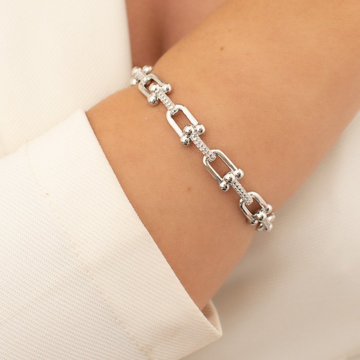 BRACELETE FEMININO INSPIRAÇÃO ELOS LISO E CRAVEJADO