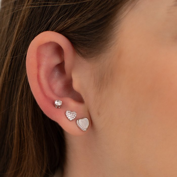 TRIO DE BRINCOS CORAÇÕES MADREPÉROLA E CRAVEJADO E ZIRCÔNIA