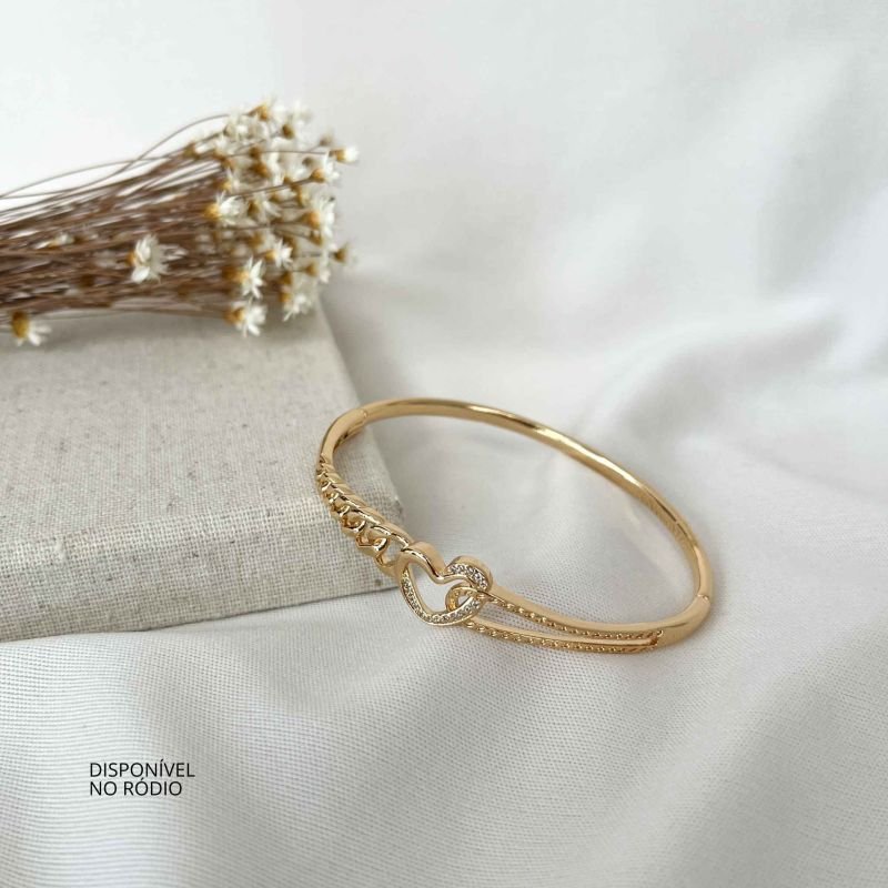 BRACELETE FEMININO CORAÇÃO ENTRELAÇADO COM CORDA E ELOS