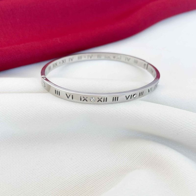 BRACELETE FEMININO NÚMEROS ROMANOS C/ ZIRCÔNIAS AÇO INOX
