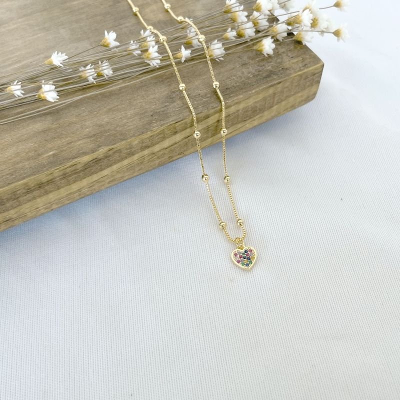 CHOKER VENEZIANA COM BOLINHA LISA Pingente CORAÇÃO CRAVEJADO COL