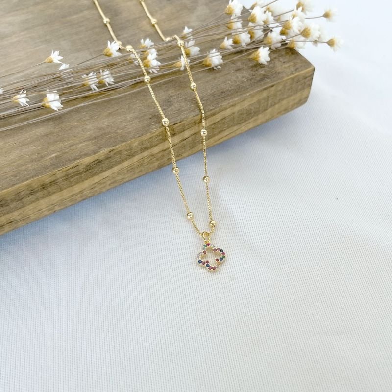 CHOKER VENEZIANA COM BOLINHA LISA Pingente TREVO CRAVEJADO COL