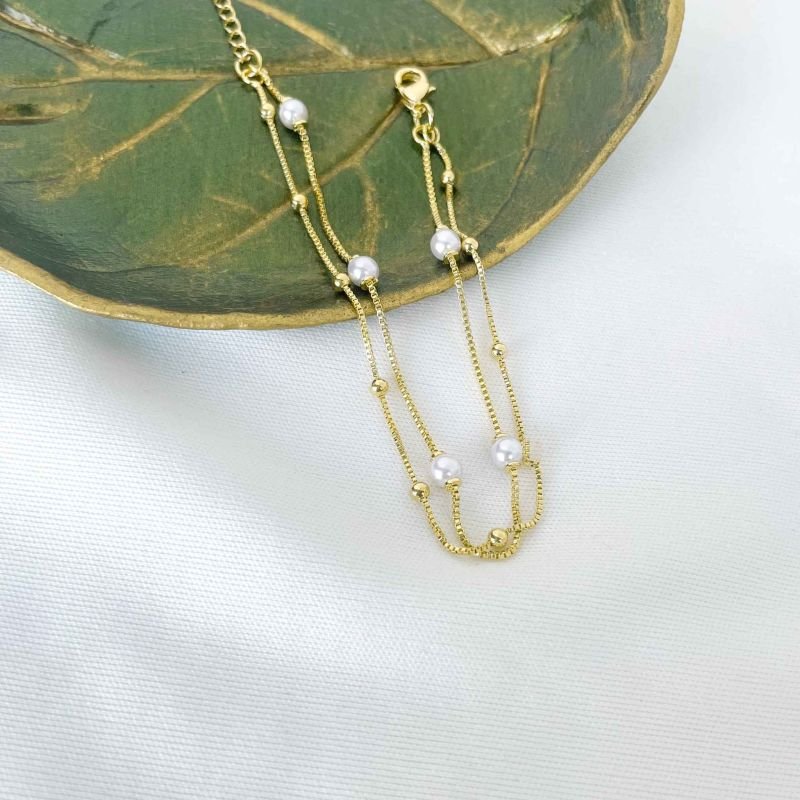 PULSEIRA FEMININA DUPLA PÉROLAS E BOLINHAS NA VENEZIANA