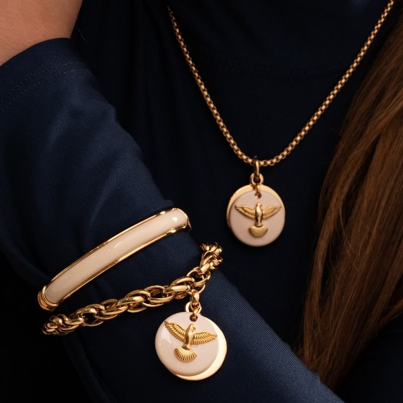 PULSEIRA VÁRIOS ELOS Pingente ESPÍRITO SANTO \'PEDRA BRANCA\'