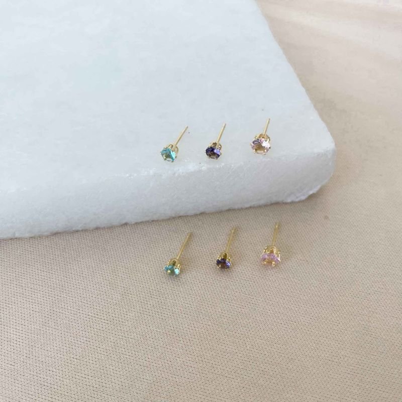 TRIO DE BRINCOS ZIRCÔNIAS ROSA, ROXA E AZUL